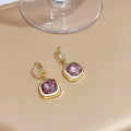 Gold Cushion Purple Crystal Drop Huggie Hoop Earrings view 4