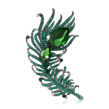 Green Crystal Feather Brooch With Dark Metal Finish