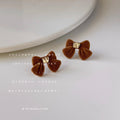 Velvet Bow Stud Earrings Gold Center Green Camel Pair view 7