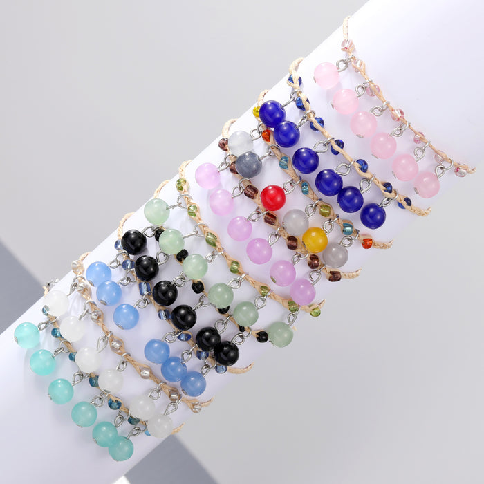 Wrapped Cord Double Row Round Bead Charm Bracelets in Nine Colors