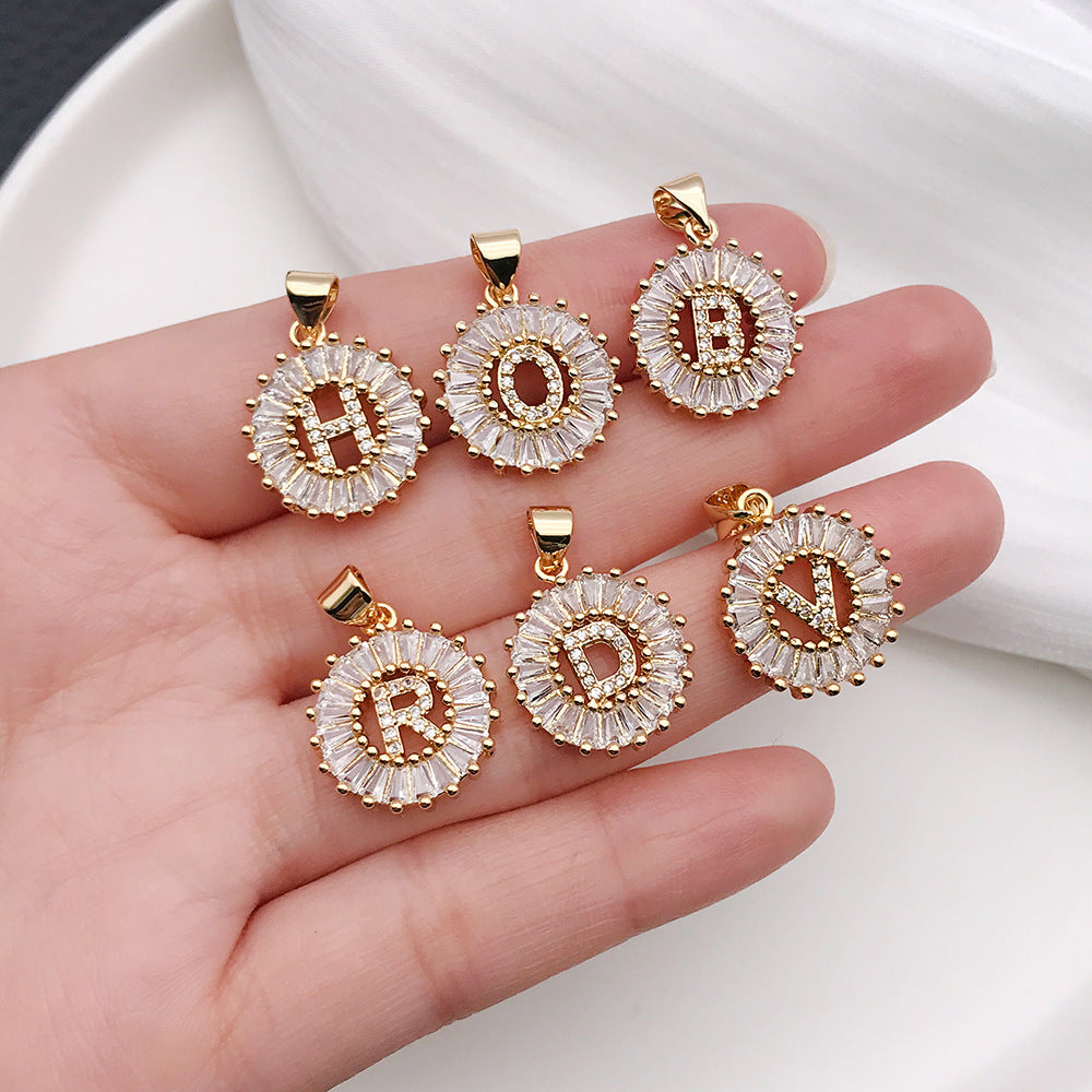 Zinc Alloy Gold Round Rhinestone English Letter Charm Pendant for Necklace DIY — 15×21mm