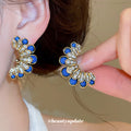Blue Enamel Flower And Fan Shape Crystal Accent Earrings view 4