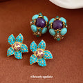 Turquoise Floral Crystal Stud Earrings with Polished Metal Tone Details view 3