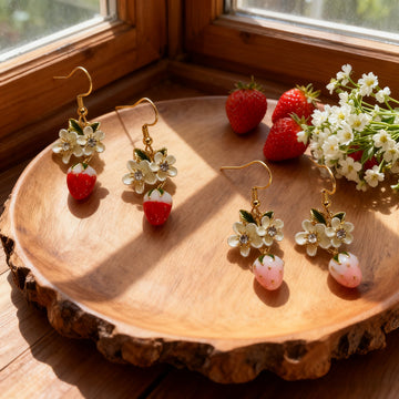 Gold White Flower Strawberry Drop Earrings Two Colors