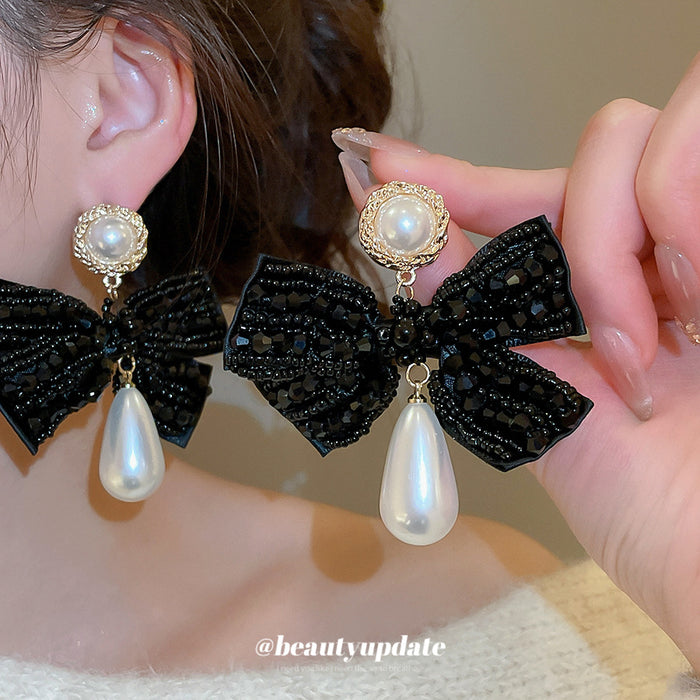 Black Bow Pearl Drop Earrings With Crystal Stud Tops