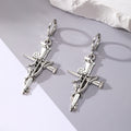 Silver Tone Gothic Cross Rose and Crystal Huggie Drop Earrings view 2