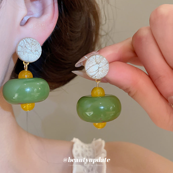 Green Resin Bead Drop Earrings With Yellow Accents