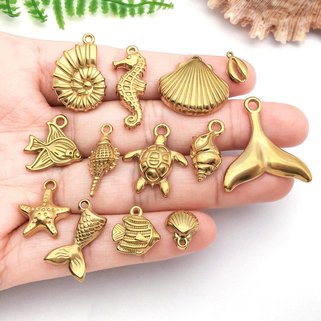 Gold Stainless Steel Shell Conch Fish Ocean Charm Pendant for DIY Bracelet Necklace