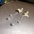 Ivory Butterfly Pearl Drop Earrings with Silver Tone Chains view 4