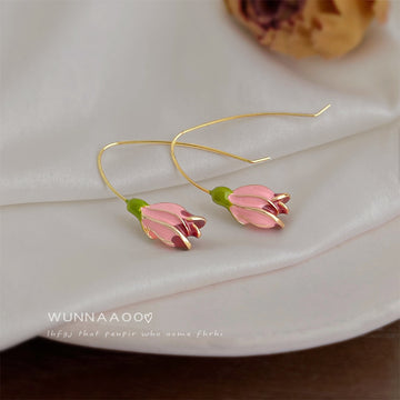 Gold-Tone Enamel Tulip Hook Earrings Pink and Purple