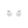 Cream Pearl Apple Stud Earrings Crystal Leaf Gold Stem view 5