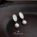 Gold Oval Shell Stud Drop Earrings White Baroque Pearl view 1