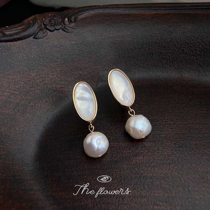 Gold Oval Shell Stud Drop Earrings White Baroque Pearl
