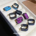 Black Metal Square Huggie Earrings with Crystal Rows view 1