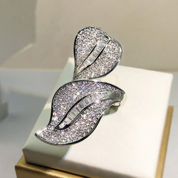 Silver Tone Double Leaf Pavé Open Ring with Clear Stone Accents