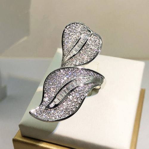 Silver Tone Double Leaf Pavé Open Ring with Clear Stone Accents shown in front view