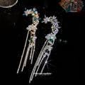 Crystal Flower Long Fringe Single Ear Clips with Polished Metal Tone Details view 4