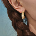 Gold Steel C Shape Pearl Shell Bead Enamel Stripe Earrings view 3