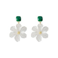 Gold Tone Green Square Stone And Translucent White Flower Earrings view 5