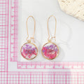 Gold Tone Round Clear Resin Pressed Flower Long Wire Earrings view 2