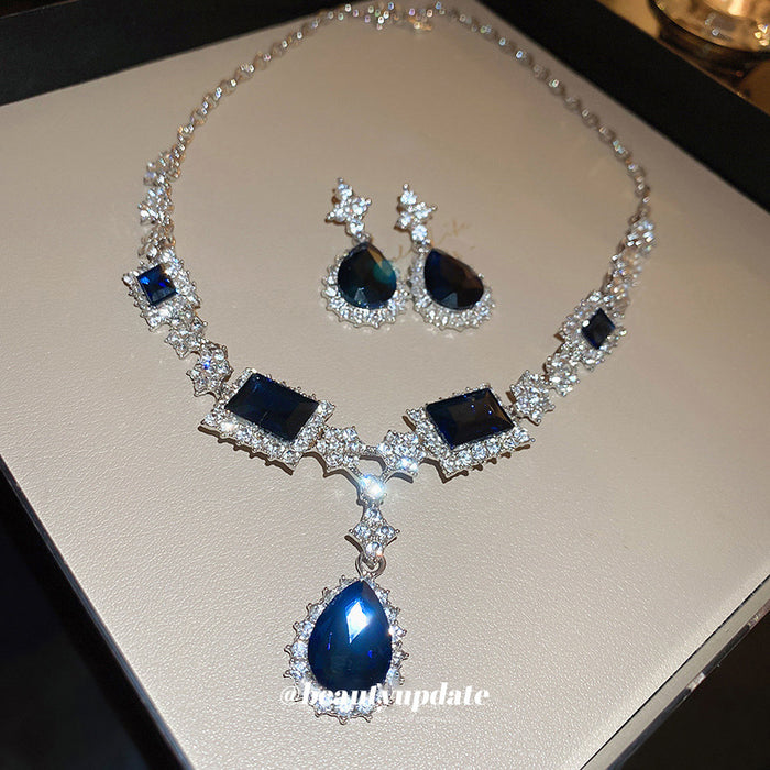 Silver Tone Dark Blue Geometric Necklace And Drop Earring Set