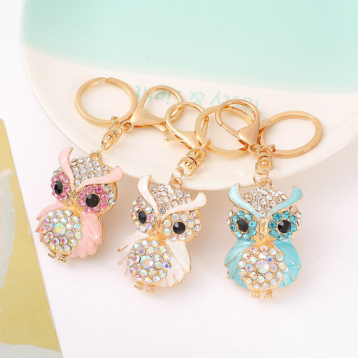 Rhinestone Enamel Owl Keychain Metal Cartoon Bird Bag Charm