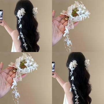 White Floral Lace Duckbill Hair Clip With Long Pearl Like Tassels