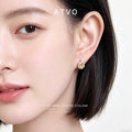 Silver Tone Pale Yellow Cushion Square Stone Clear Halo Stud Earrings view 2