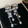 Silver Tone Lotus Chandelier Earrings with Pearl Drops view 2