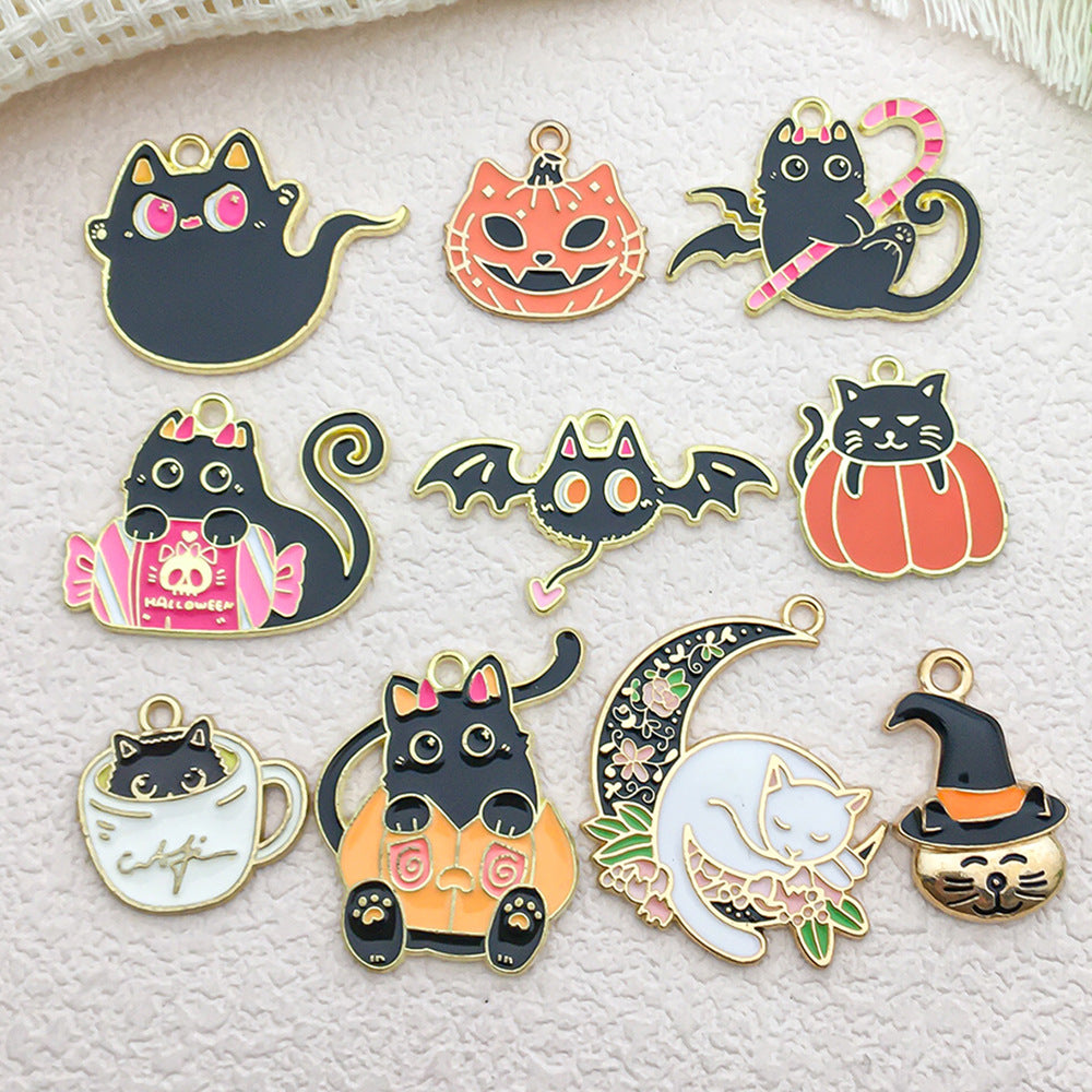 Zinc Alloy Pumpkin Bat Candy Ghost Black Cat Charm Pendant for DIY Halloween Jewelry
