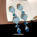Silver Tone Blue Crystal Rose Statement Drop Earrings view 4