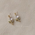 Gold-Tone Mother of Pearl Flower Green Leaf Drop Earrings view 1