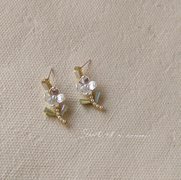 Gold-Tone Mother of Pearl Flower Green Leaf Drop Earrings