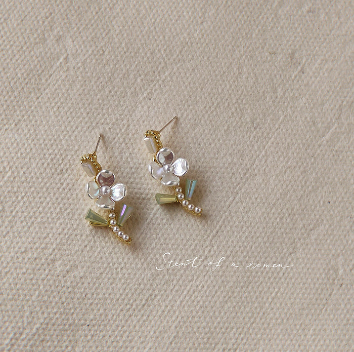 Gold-Tone Mother of Pearl Flower Green Leaf Drop Earrings