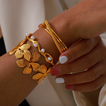Open Cuff Bangles Flower Pearl Wave Triple Band Gold Steel