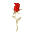Long Stem Red Rose Flower Brooch with Polished Gold Tone Leaves view 1