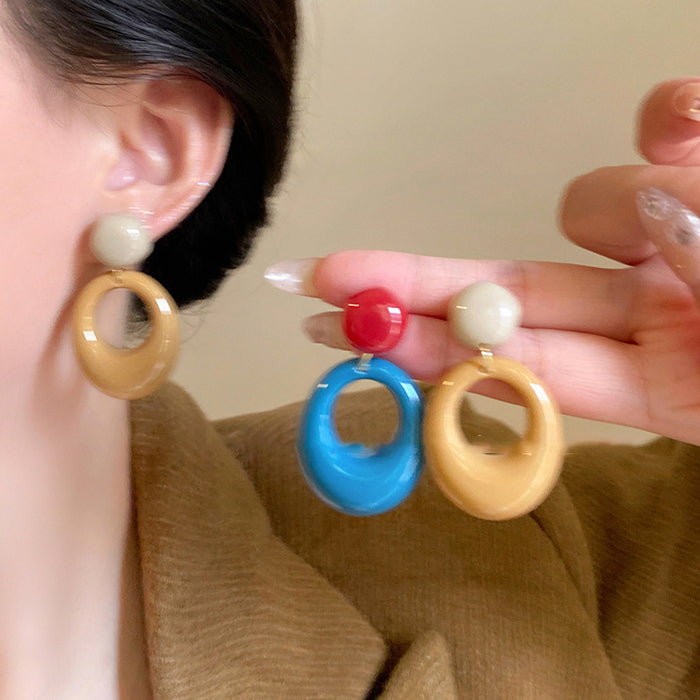 Color Block Round Drop Earrings in Red Blue and Beige