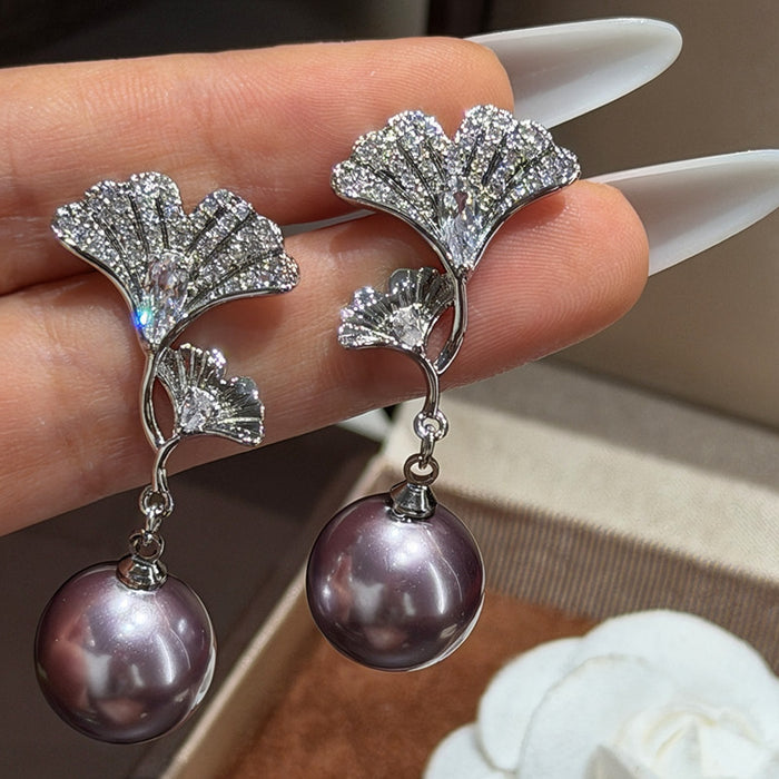 Crystal Ginkgo Leaf and Pearl Drop Stud Earrings Fashion Jewelry