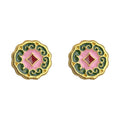 Gold Pink Green Enamel Round Totem Stud Earrings Pair view 5