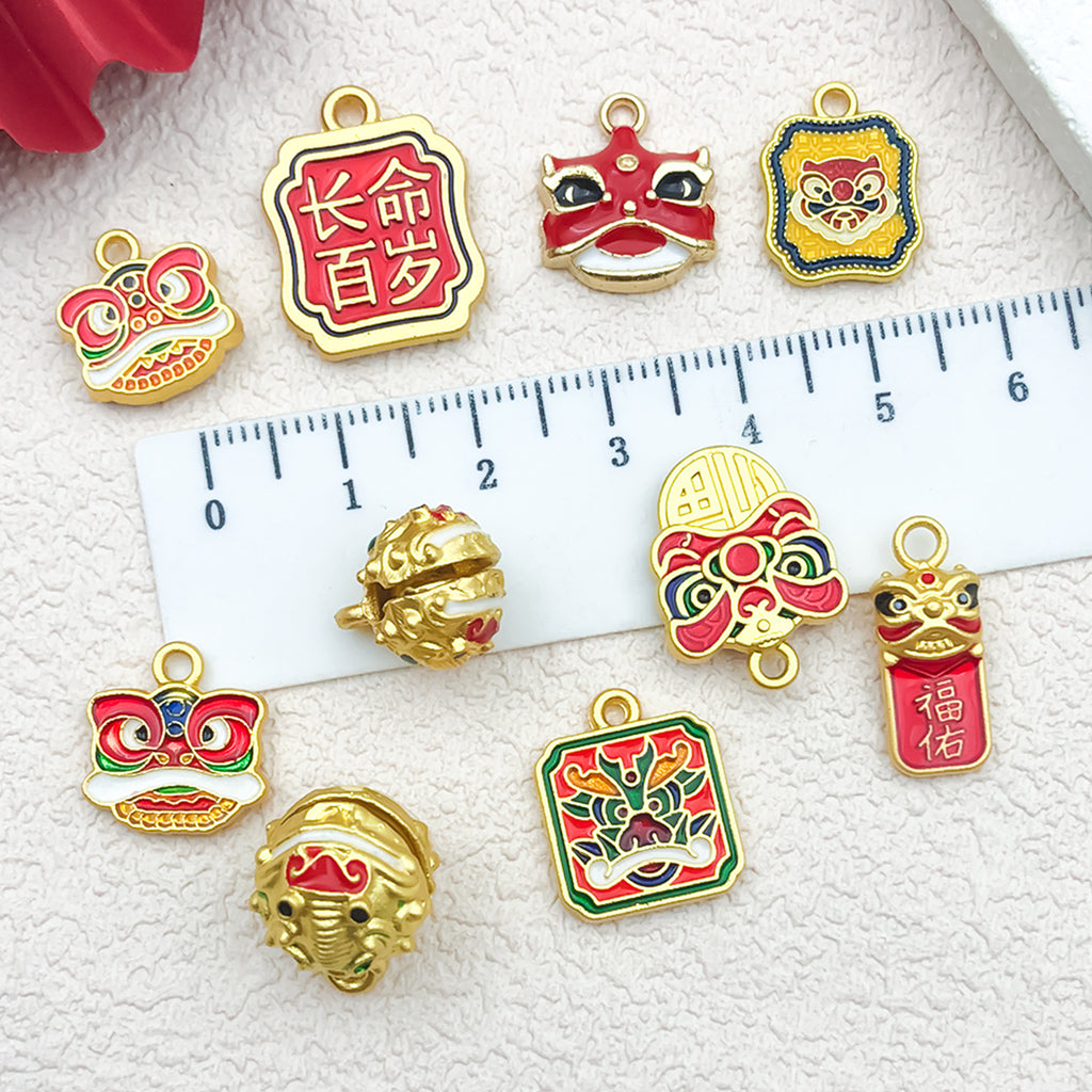 Sand Gold Zinc Alloy Lion Dance Enamel Charm Pendant for DIY Bracelet Necklace
