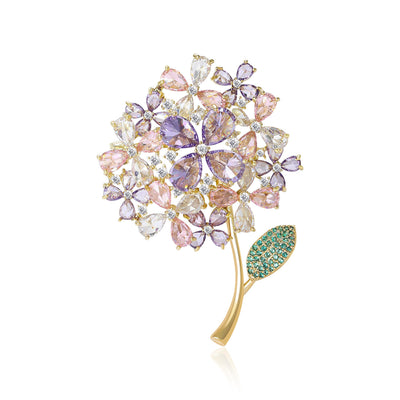 Front view of pastel crystal hydrangea brooch with green leaf decorative metal pin