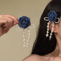Fabric Rose Pearl Bow Tassel Duckbill Hair Clip Pair view 1