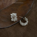Silver Tone Lace Filigree Open Hoop Stud Earrings Crystals view 4