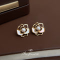Gold Mother of Pearl Camellia Pearl Center Stud Earrings view 1