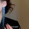 Blue and Green Crystal Fringe Earrings with Long Tassel Strands view 3
