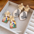 Wood And Printed Flower Wing Drop Stud Earrings Fashion Jewelry view 4