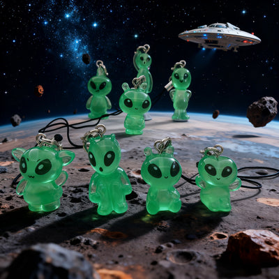 Eight glow green alien resin phone strap charms on space backdrop