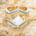 Gold Tone Geometric Ring with Blue Enamel and Clear Center view 3