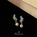 Gold Tone Purple Tulip Green Leaf Pearl Drop Stud Earrings view 3