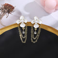 White Flower Gold Chain Clear Look Long Stud Earrings view 2